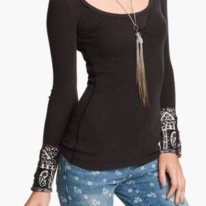 We The Free Long Sleeve Dark Grey Thermal Tunic with Patterned Cuffs
